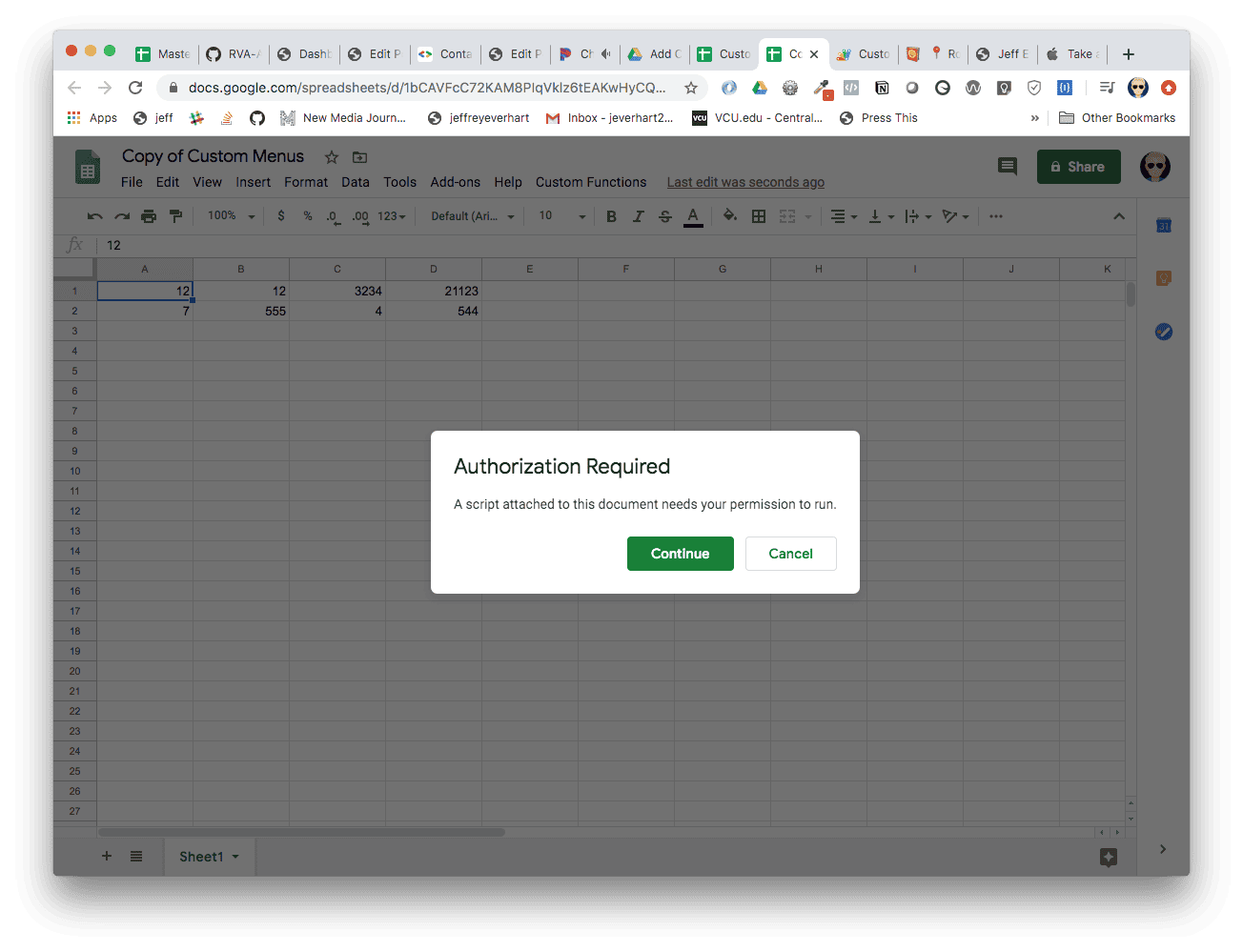 an image of a request for authorization from Google Apps Script