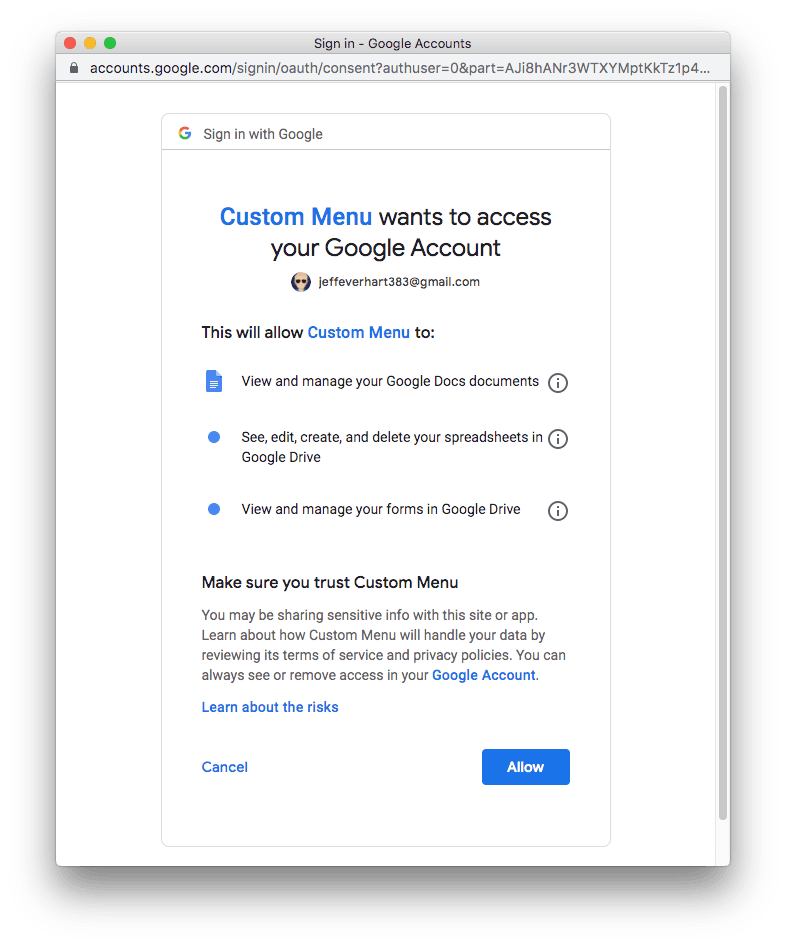 an image of the approval screen for a Google OAuth flow