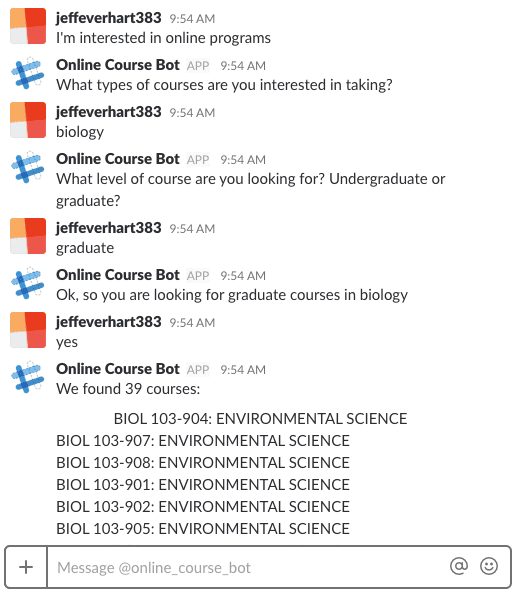 example conversation between myself and online course bot