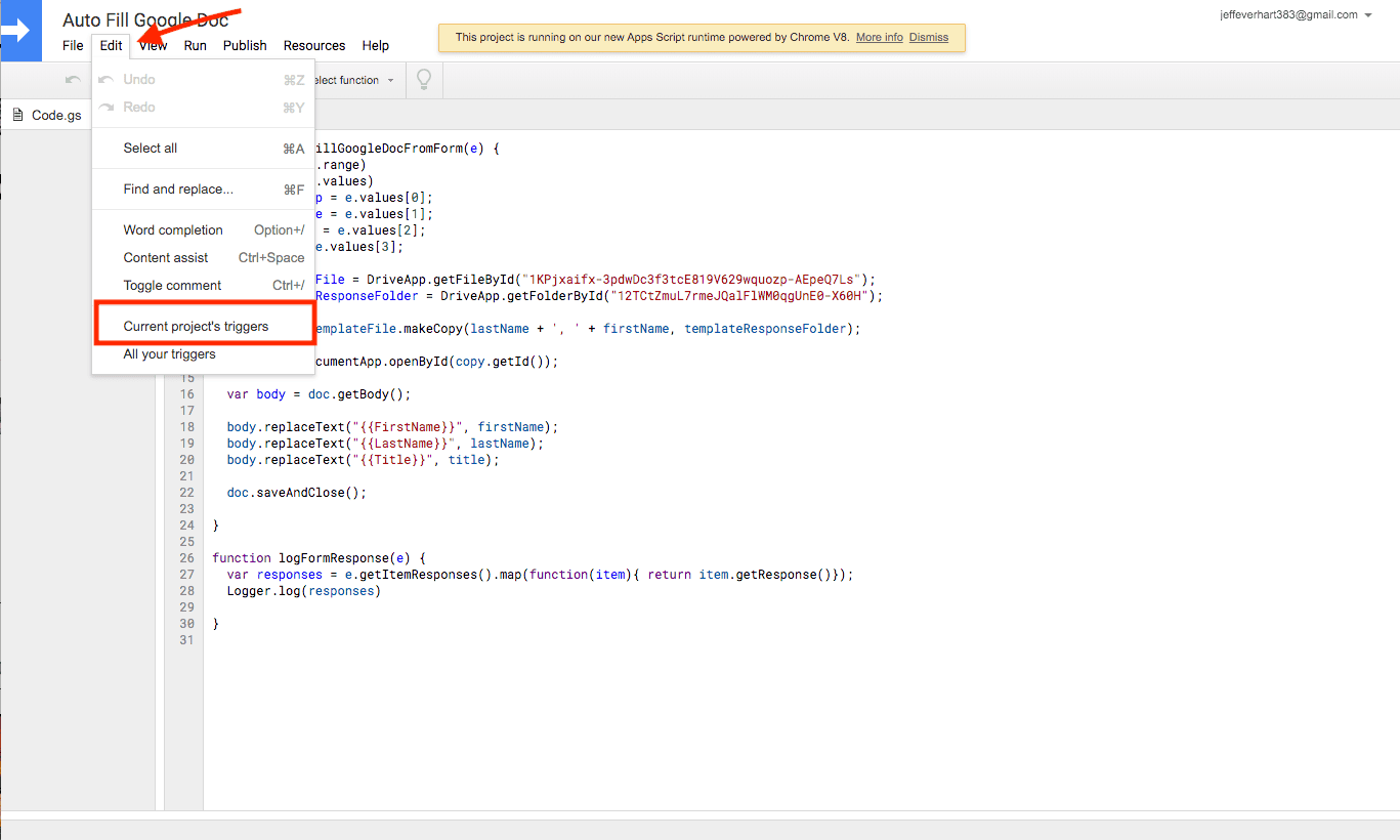 an image of the edit menu of google apps script interface with the current project's triggers highlighted