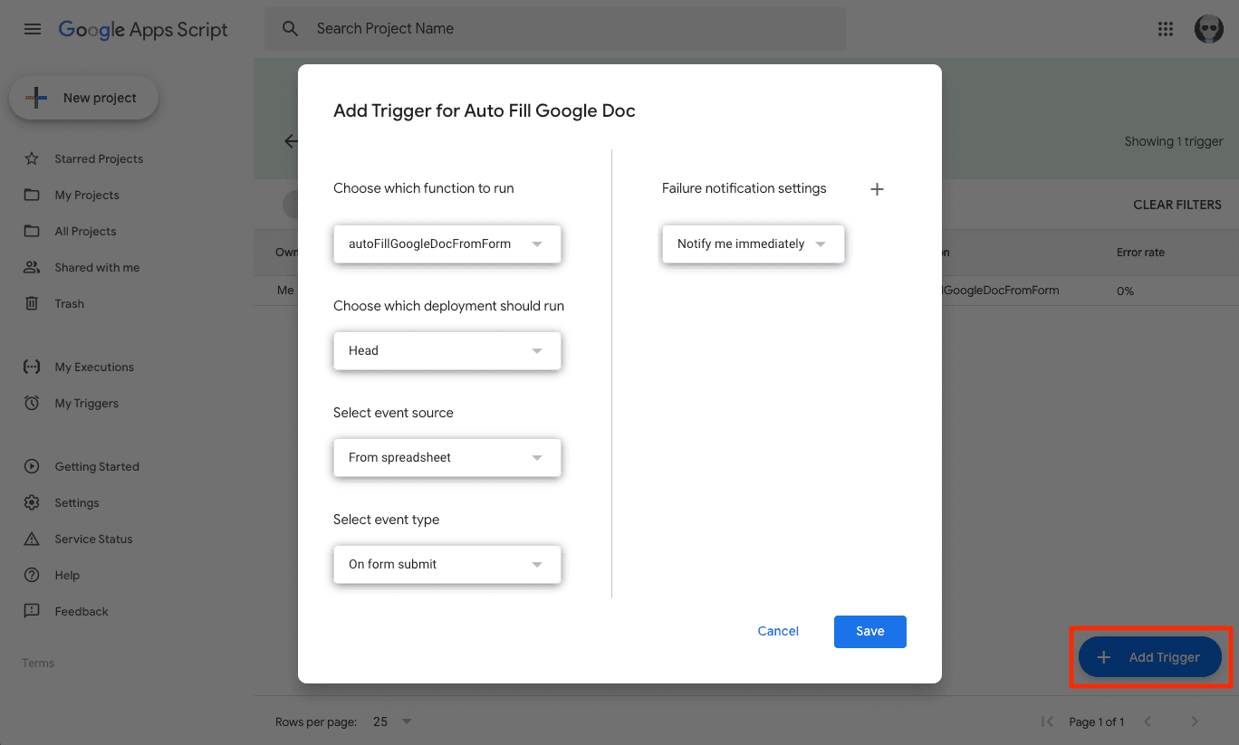 a modal window to add a trigger in google apps script
