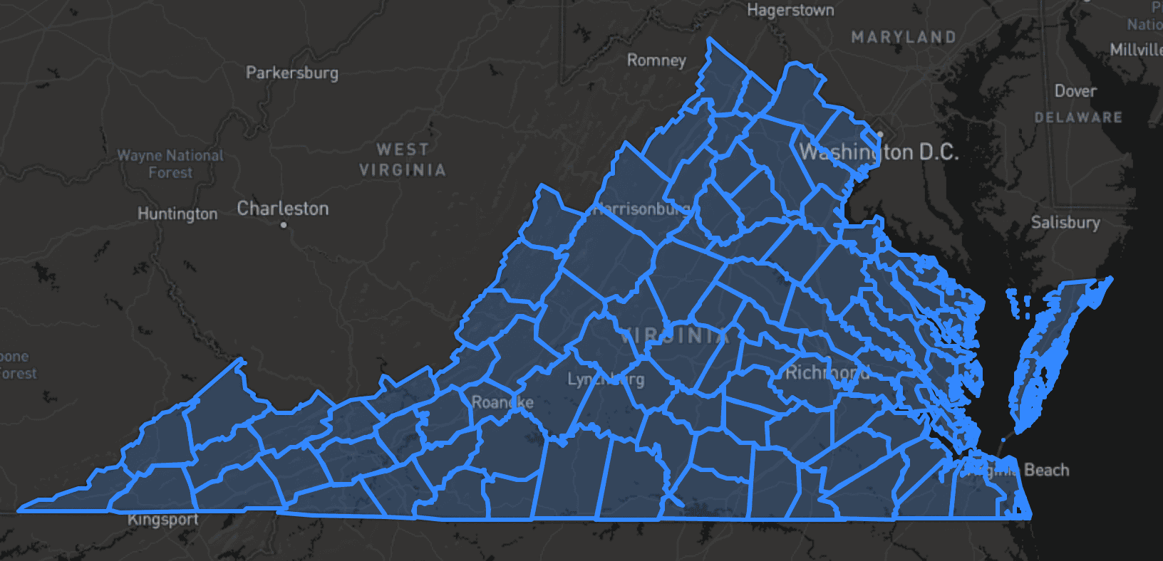 outlines of Virginia counties in 1870