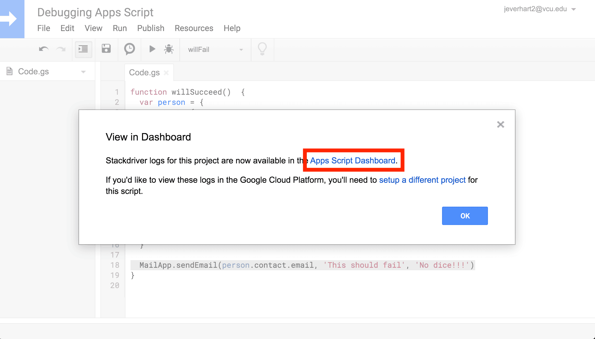 A screenshot of the modal used to open Stackdriver logging in the Google Apps Script dashboard