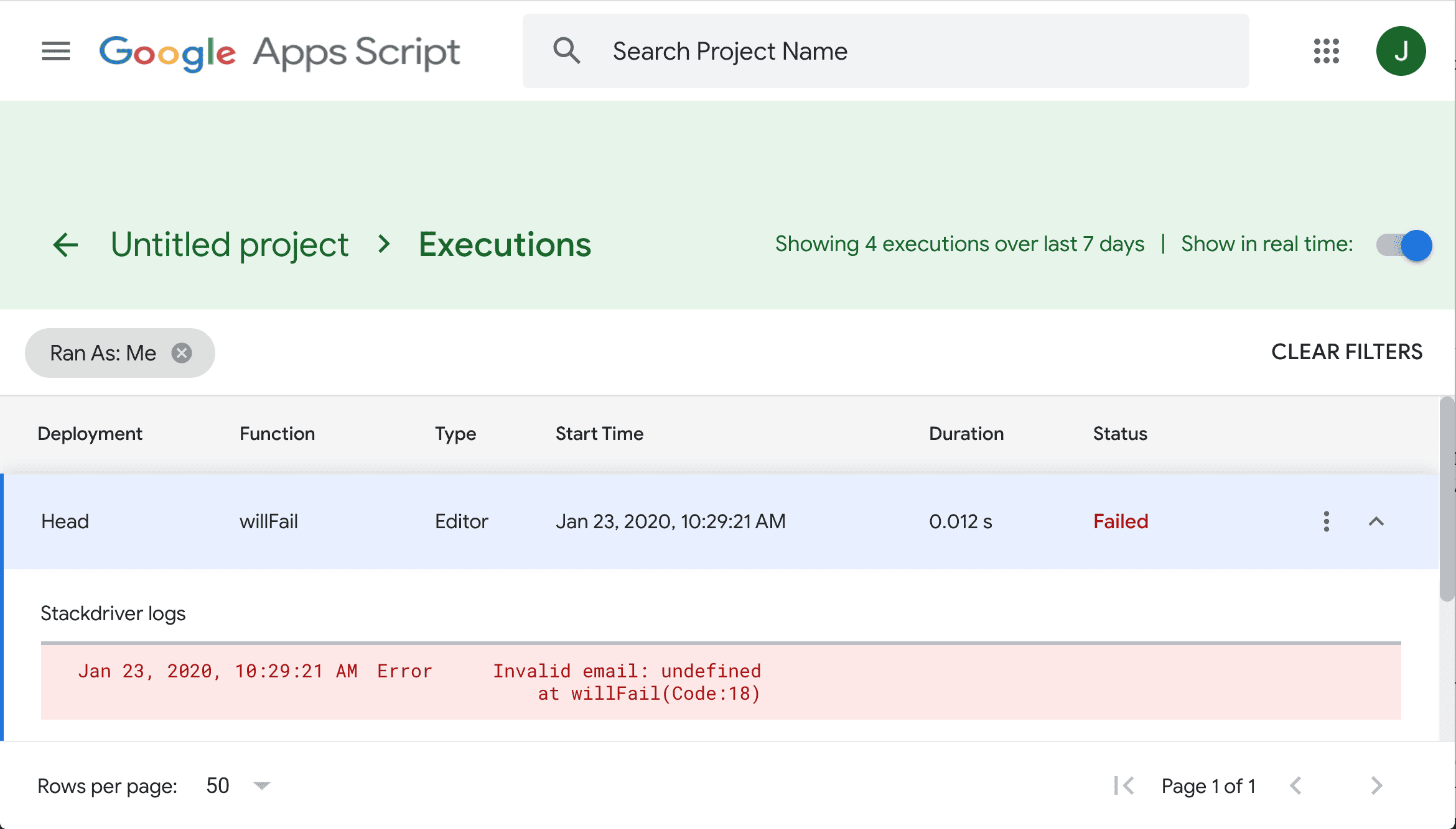 A screenshot of the Stackdriver dashboard with an error message expanded