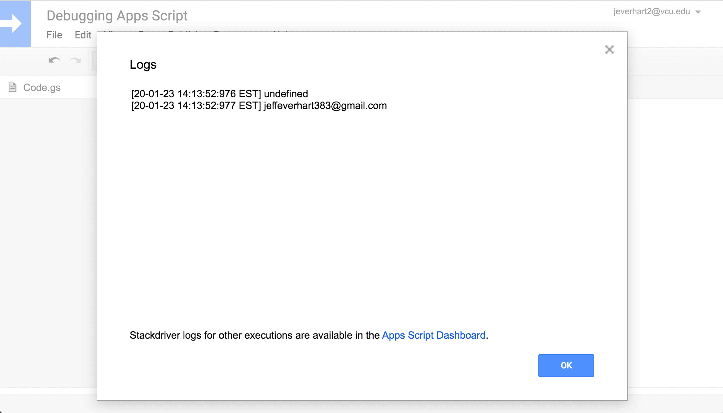 A screenshot showing the logging output modal in Google Apps Script code editor