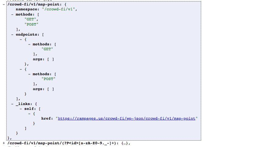 a screenshot of a WordPress API response with new namespaces added